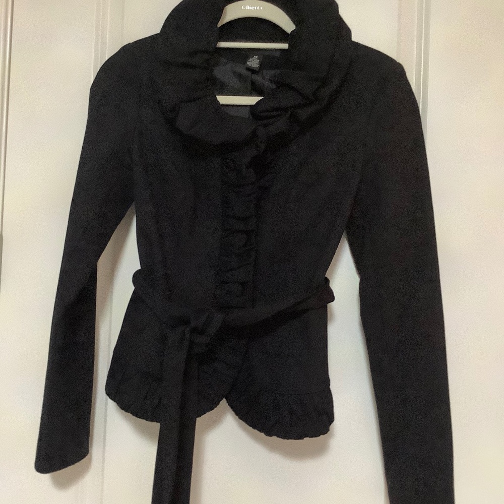 INC Black Ruffle Collar Jacket with wrap belt